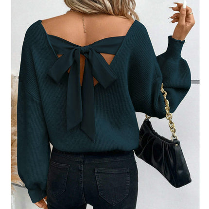 Women's V-neck Solid Color Sweater Autumn Long Sleeve Loose Casual Bow Top