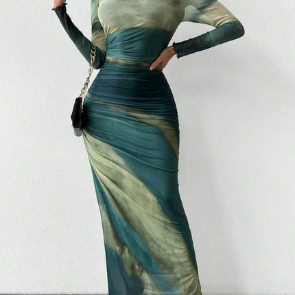 Women's Long Sleeve Mesh Tie-Dye Ruffle Sexy Bodycon Round Neck Dress