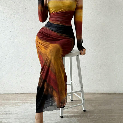 Women's Long Sleeve Mesh Tie-Dye Ruffle Sexy Bodycon Round Neck Dress