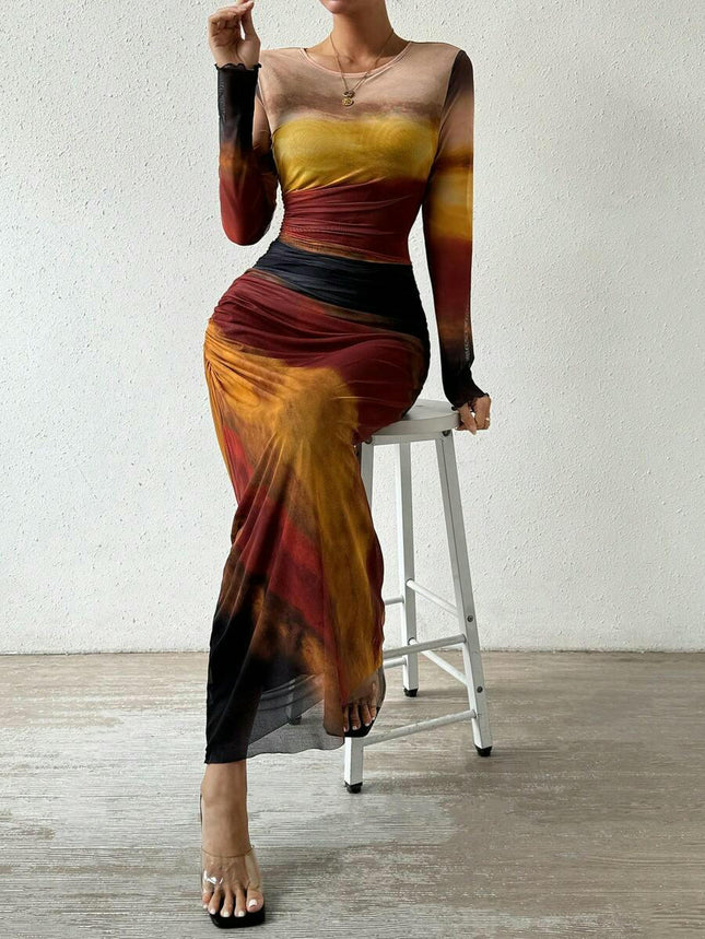 Women's Long Sleeve Mesh Tie-Dye Ruffle Sexy Bodycon Round Neck Dress