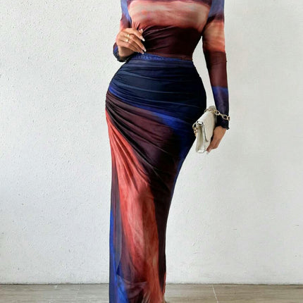 Women's Long Sleeve Mesh Tie-Dye Ruffle Sexy Bodycon Round Neck Dress