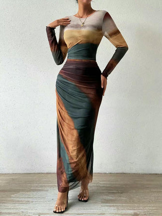 Women's Long Sleeve Mesh Tie-Dye Ruffle Sexy Bodycon Round Neck Dress