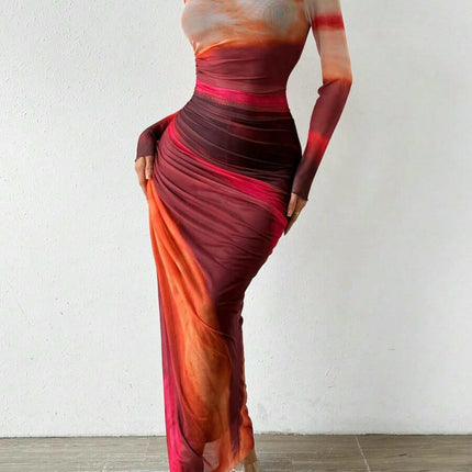 Women's Long Sleeve Mesh Tie-Dye Ruffle Sexy Bodycon Round Neck Dress