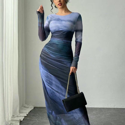 Women's Long Sleeve Mesh Tie-Dye Ruffle Sexy Bodycon Round Neck Dress
