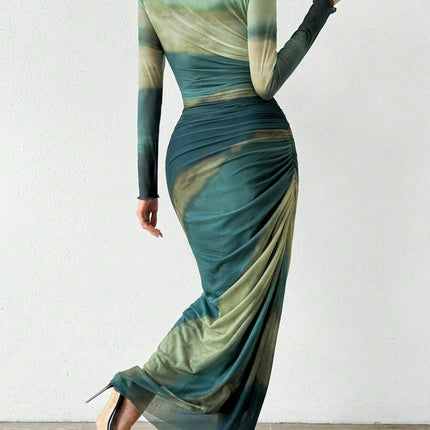 Women's Long Sleeve Mesh Tie-Dye Ruffle Sexy Bodycon Round Neck Dress