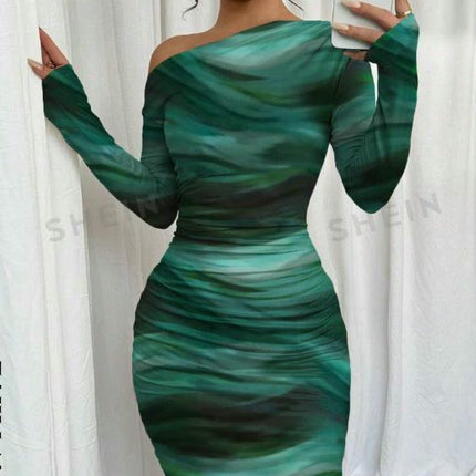 Women's Tie Dye Long Sleeve Mid-length Skirt Bodycon Ruched Cocktail Party Dress