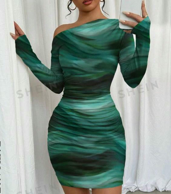 Women's Tie Dye Long Sleeve Mid-length Skirt Bodycon Ruched Cocktail Party Dress