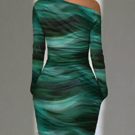 Women's Tie Dye Long Sleeve Mid-length Skirt Bodycon Ruched Cocktail Party Dress