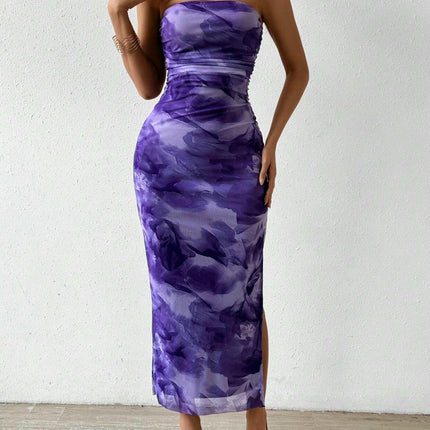Women's Floral Tie-Dye Ruffle Sexy Bodycon Slit Strapless Tube Maxi Dress