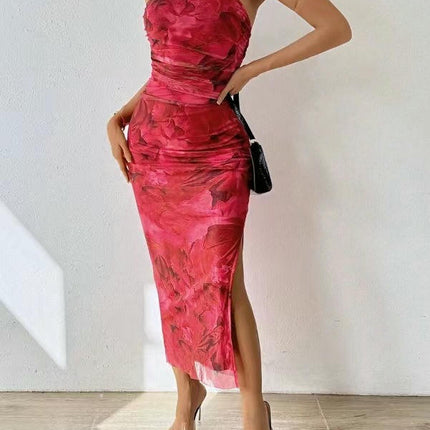 Women's Floral Tie-Dye Ruffle Sexy Bodycon Slit Strapless Tube Maxi Dress