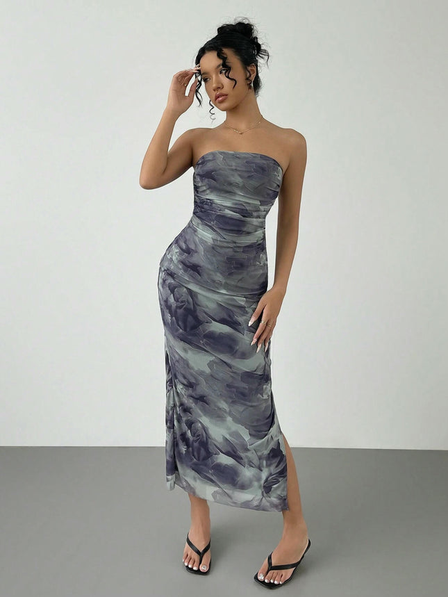 Women's Floral Tie-Dye Ruffle Sexy Bodycon Slit Strapless Tube Maxi Dress