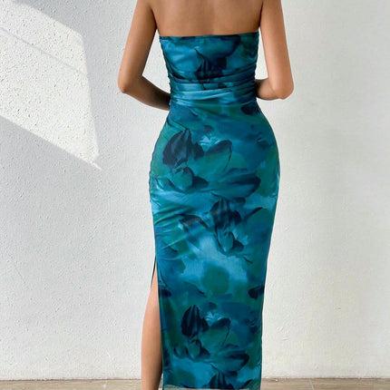 Women's Floral Tie-Dye Ruffle Sexy Bodycon Slit Strapless Tube Maxi Dress