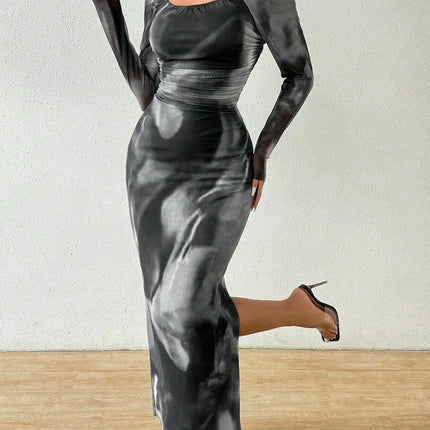 Women's Tie-Dye Printed Dress Ruffle Sexy Bodycon Slit Square Neck Mesh Dress