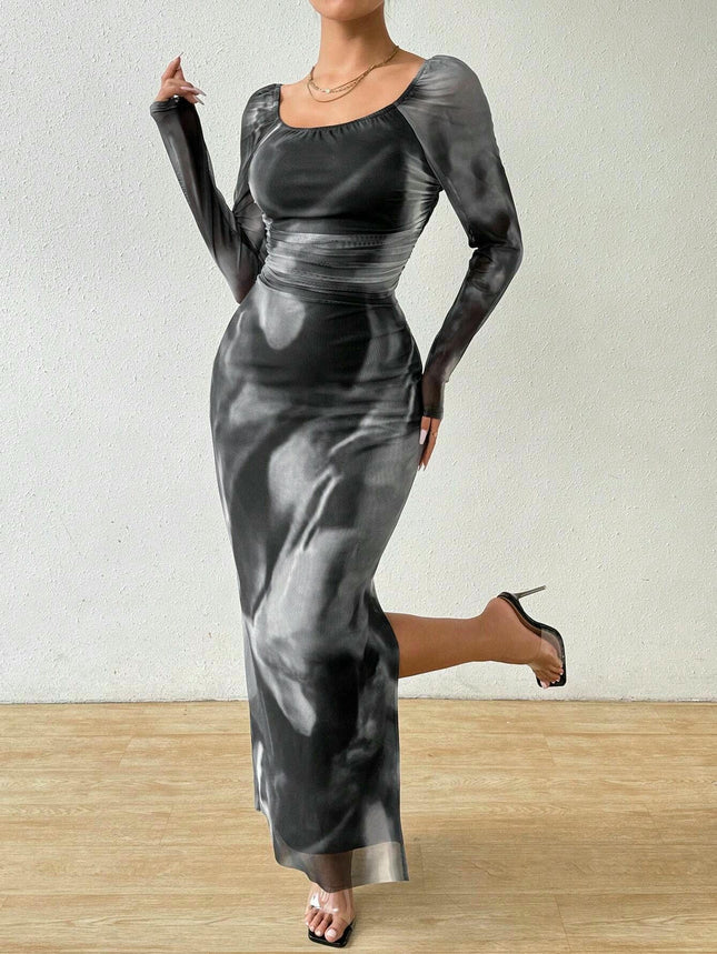 Women's Tie-Dye Printed Dress Ruffle Sexy Bodycon Slit Square Neck Mesh Dress