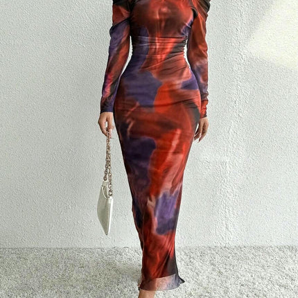 Women's Tie-Dye Printed Dress Ruffle Sexy Bodycon Slit Square Neck Mesh Dress