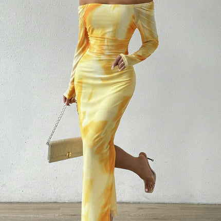 Women's Tie-Dye Printed Dress Ruffle Sexy Bodycon Slit Square Neck Mesh Dress