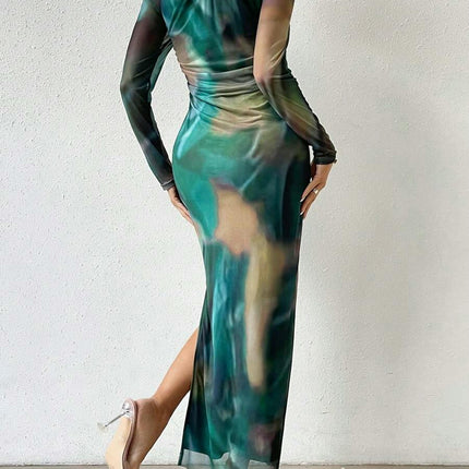 Women's Tie-Dye Printed Dress Ruffle Sexy Bodycon Slit Square Neck Mesh Dress