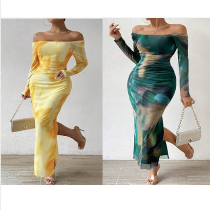 Women's Tie-Dye Printed Dress Ruffle Sexy Bodycon Slit Square Neck Mesh Dress