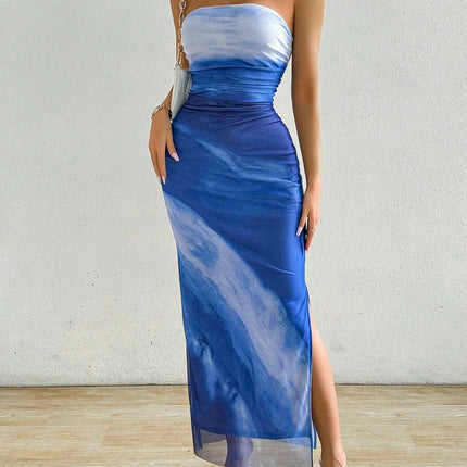Women's Tie-Dye Print Dress - Pleated Sexy Bodycon Slit Tulle Mesh Dress