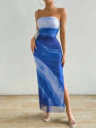 Women's Tie-Dye Print Dress - Pleated Sexy Bodycon Slit Tulle Mesh Dress