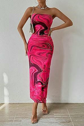 Women's Bandeau Tie-Dye Print Dress - Pleated Sexy Fit Sleeveless Cocktail Dress