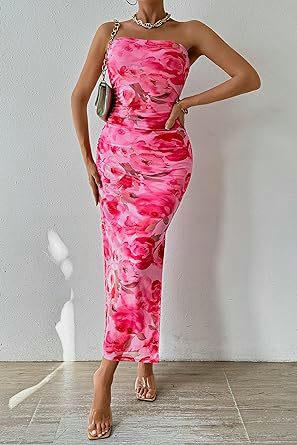 Women's Bandeau Tie-Dye Print Dress - Pleated Sexy Fit Sleeveless Cocktail Dress