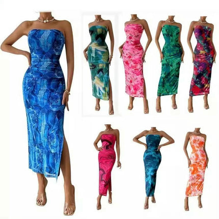 Women's Bandeau Tie-Dye Print Dress - Pleated Sexy Fit Sleeveless Cocktail Dress