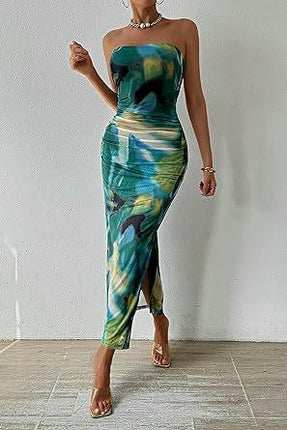 Women's Bandeau Tie-Dye Print Dress - Pleated Sexy Fit Sleeveless Cocktail Dress