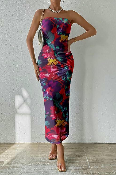 Women's Bandeau Tie-Dye Print Dress - Pleated Sexy Fit Sleeveless Cocktail Dress