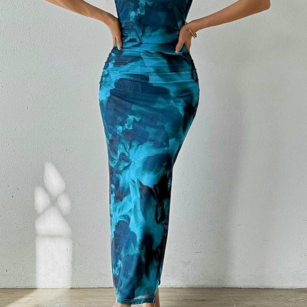 Women's Bandeau Tie-Dye Print Dress - Pleated Sexy Fit Sleeveless Cocktail Dress