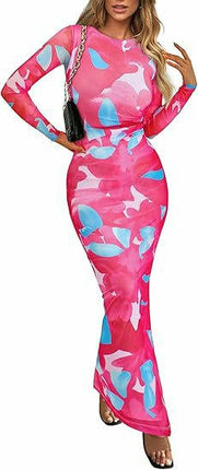 Womens Long Sleeve Tie Dye Dress Bodycon Round Neck Ruched Cocktail Maxi Dresses