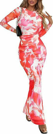 Womens Long Sleeve Tie Dye Dress Bodycon Round Neck Ruched Cocktail Maxi Dresses