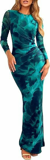 Womens Long Sleeve Tie Dye Dress Bodycon Round Neck Ruched Cocktail Maxi Dresses