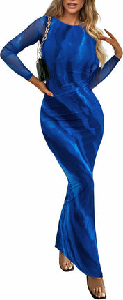 Womens Long Sleeve Tie Dye Dress Bodycon Round Neck Ruched Cocktail Maxi Dresses