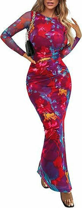 Womens Long Sleeve Tie Dye Dress Bodycon Round Neck Ruched Cocktail Maxi Dresses