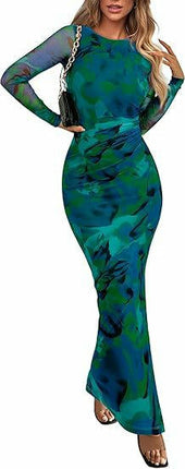 Womens Long Sleeve Tie Dye Dress Bodycon Round Neck Ruched Cocktail Maxi Dresses