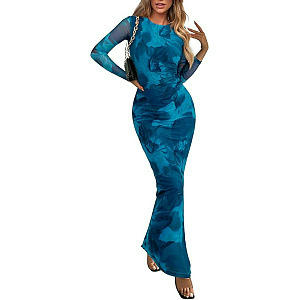 Womens Long Sleeve Tie Dye Dress Bodycon Round Neck Ruched Cocktail Maxi Dresses