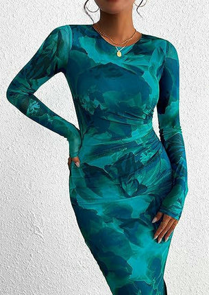 Womens Long Sleeve Tie Dye Dress Bodycon Round Neck Ruched Cocktail Maxi Dresses
