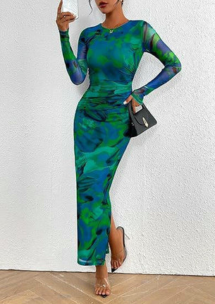 Womens Long Sleeve Tie Dye Dress Bodycon Round Neck Ruched Cocktail Maxi Dresses