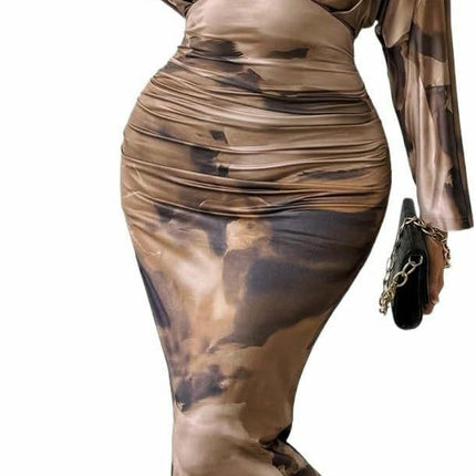 Women's V-neck Tie-Dye Print Dress - Pleated Sexy Fit Bat Sleeve Cocktail Dress