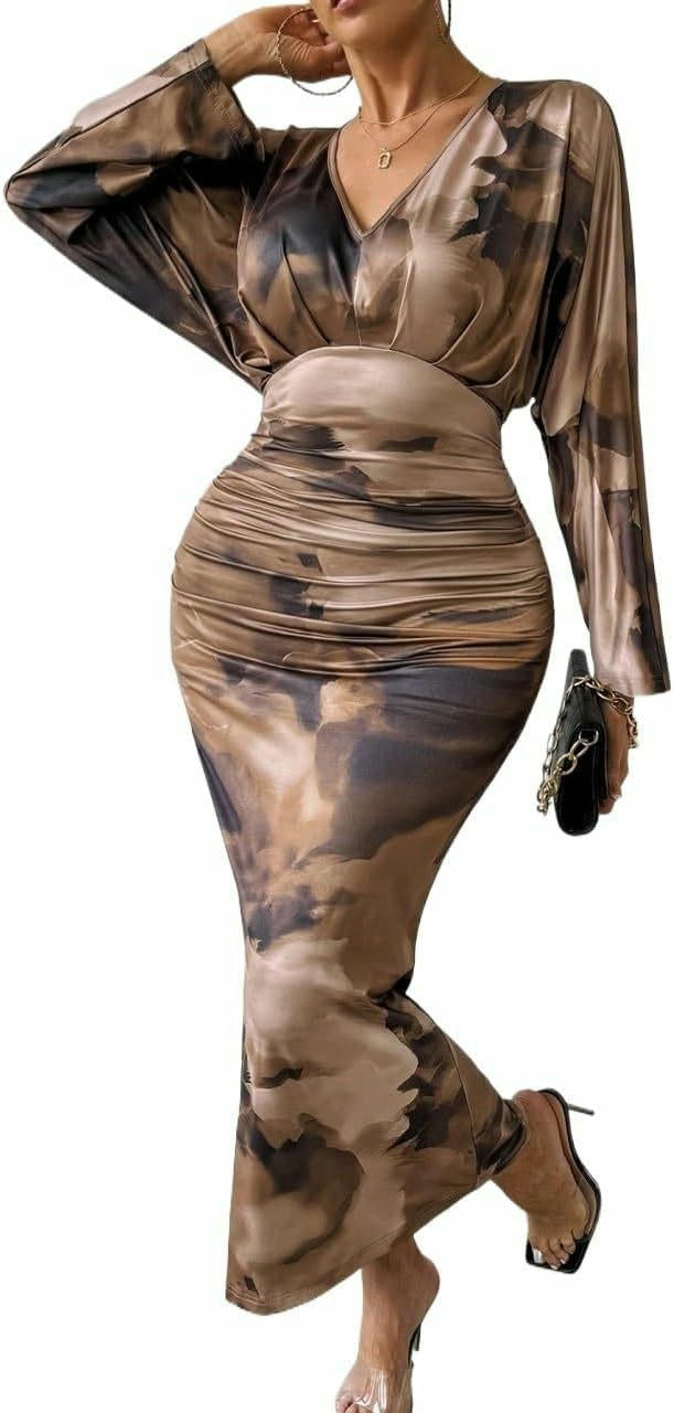 Women's V-neck Tie-Dye Print Dress - Pleated Sexy Fit Bat Sleeve Cocktail Dress
