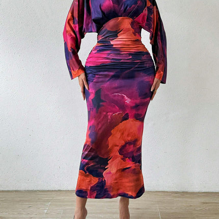 Women's V-neck Tie-Dye Print Dress - Pleated Sexy Fit Bat Sleeve Cocktail Dress