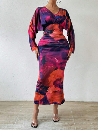 Women's V-neck Tie-Dye Print Dress - Pleated Sexy Fit Bat Sleeve Cocktail Dress