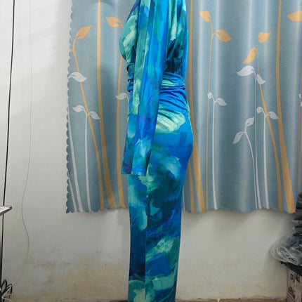 Women's V-neck Tie-Dye Print Dress - Pleated Sexy Fit Bat Sleeve Cocktail Dress