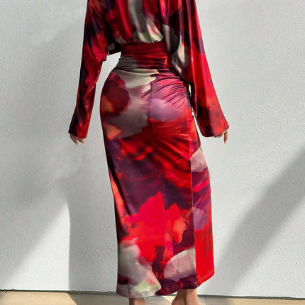 Women's V-neck Tie-Dye Print Dress - Pleated Sexy Fit Bat Sleeve Cocktail Dress