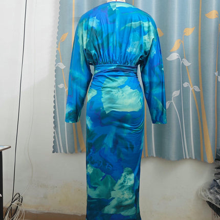 Women's V-neck Tie-Dye Print Dress - Pleated Sexy Fit Bat Sleeve Cocktail Dress