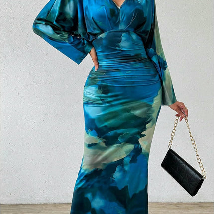 Women's V-neck Tie-Dye Print Dress - Pleated Sexy Fit Bat Sleeve Cocktail Dress