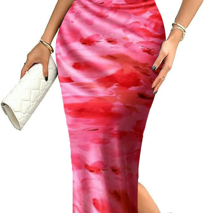 Women's Sleeveless Tie Dye Crew Neck Ruched Slit Hem Party Bodycon Dress