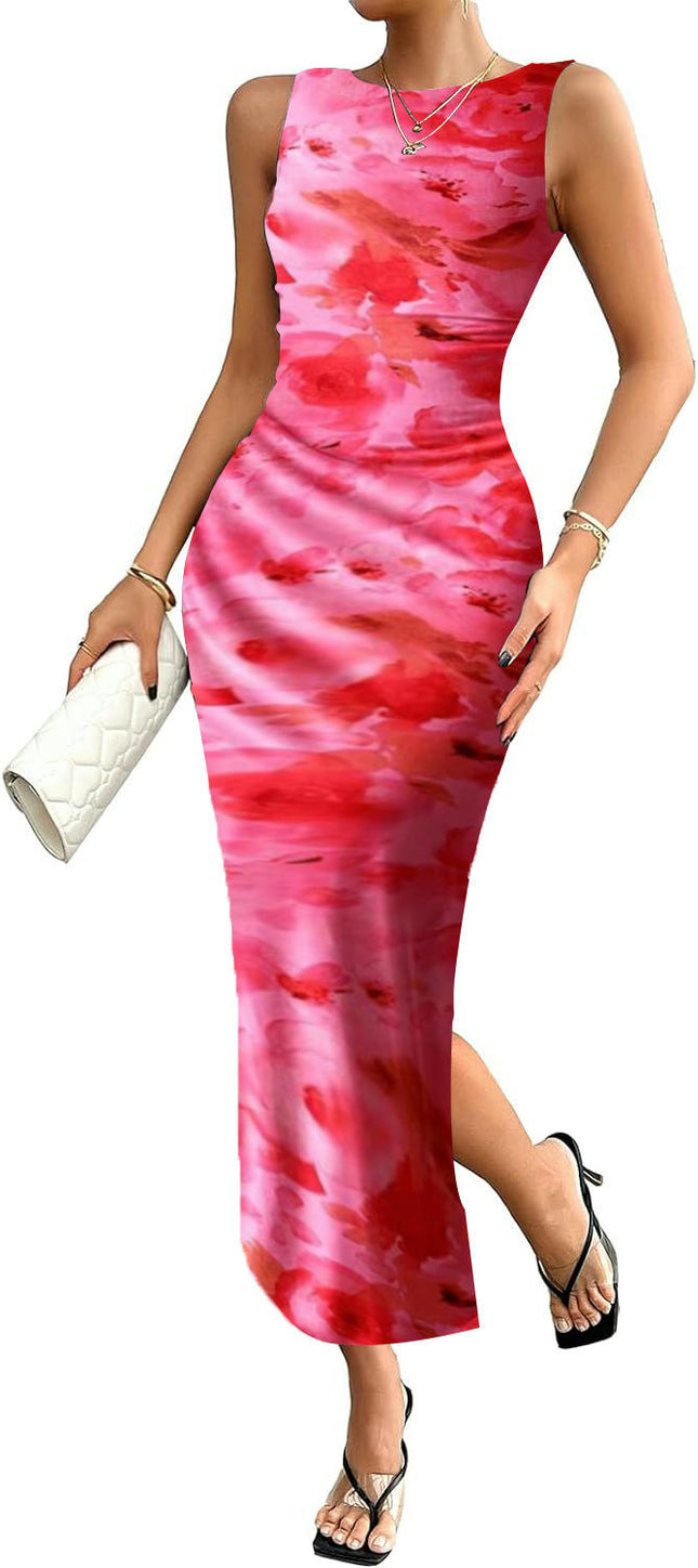 Women's Sleeveless Tie Dye Crew Neck Ruched Slit Hem Party Bodycon Dress