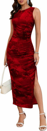 Women's Sleeveless Tie Dye Crew Neck Ruched Slit Hem Party Bodycon Dress